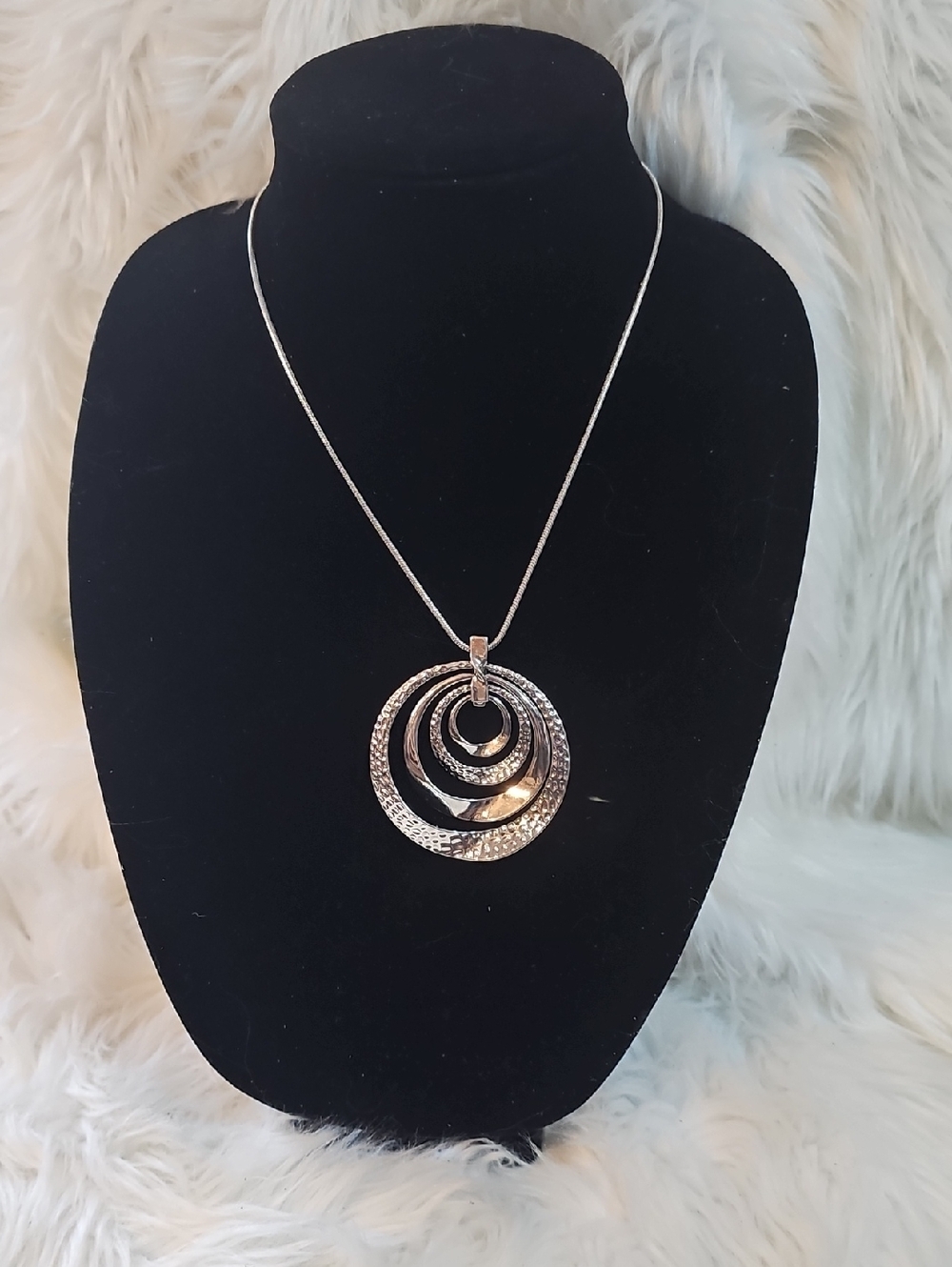Silver-toned Textured Concentric Circle Pendant Necklace - #105